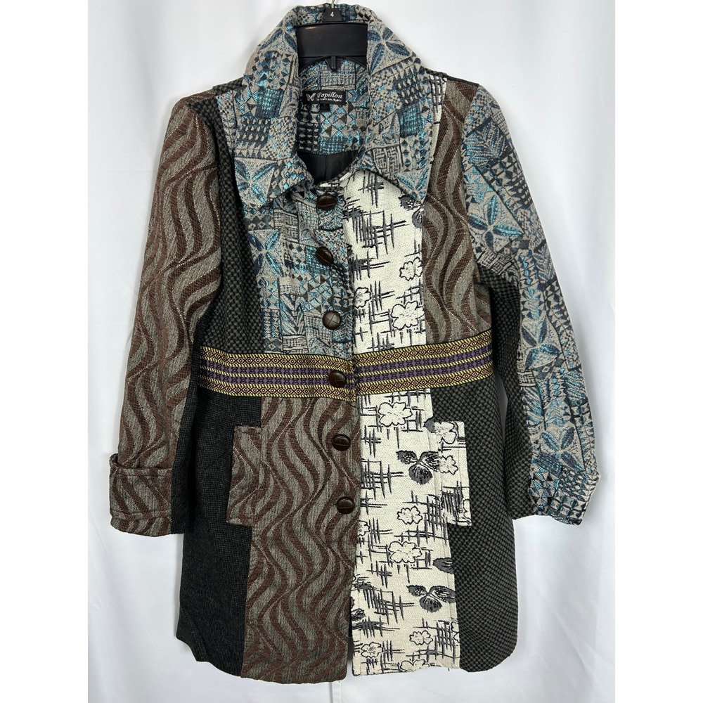 Papillon Patchwork Multicolor Quilted Button Front Long Coat Boho Artsy Medium